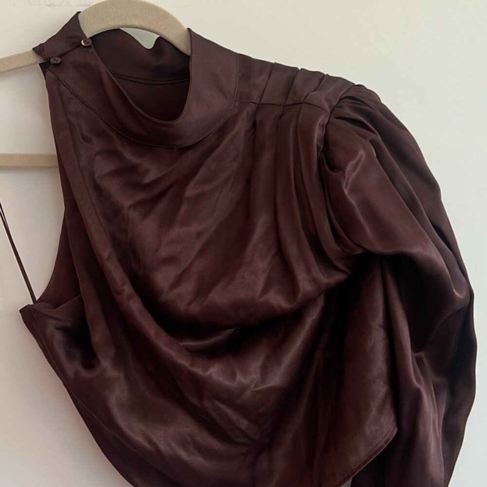 ZARA Satin One Shoulder Blouse Brown, Size XL - Picture 3 of 4